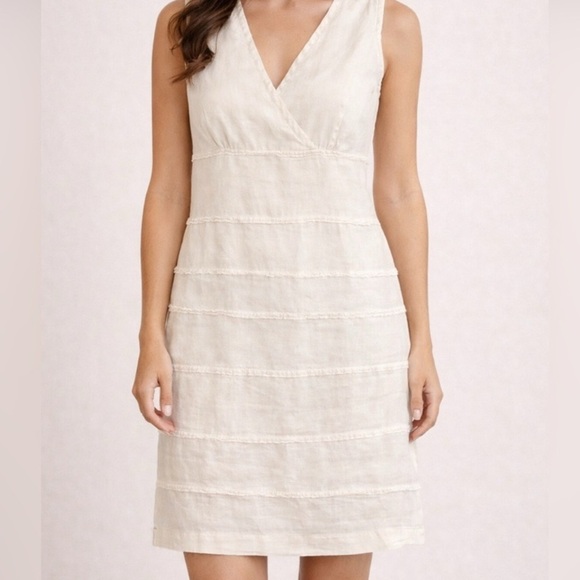 Talbots Dresses & Skirts - Talbots Petite Linen Shift Dress Cream Sleeveless Summer Frayed Trim 10P